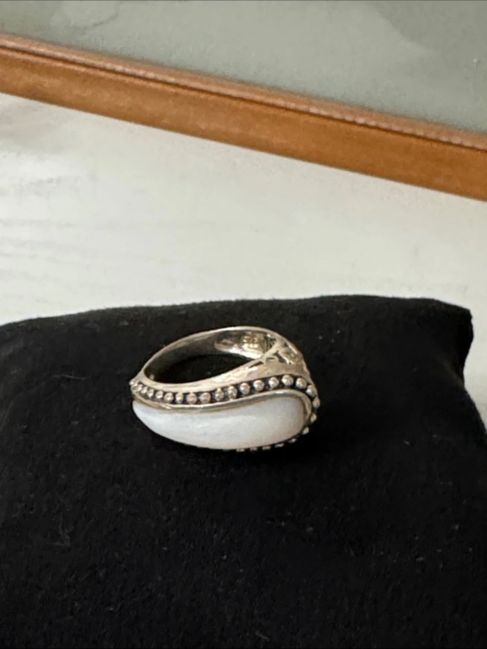 Sterling Silver Ring with White Center Stone and Beaded Edge